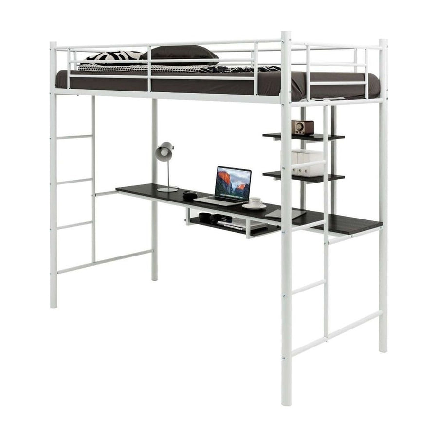 Metal Bunk Bed Frame High Sleeper with Desk and Storage Shelves-White