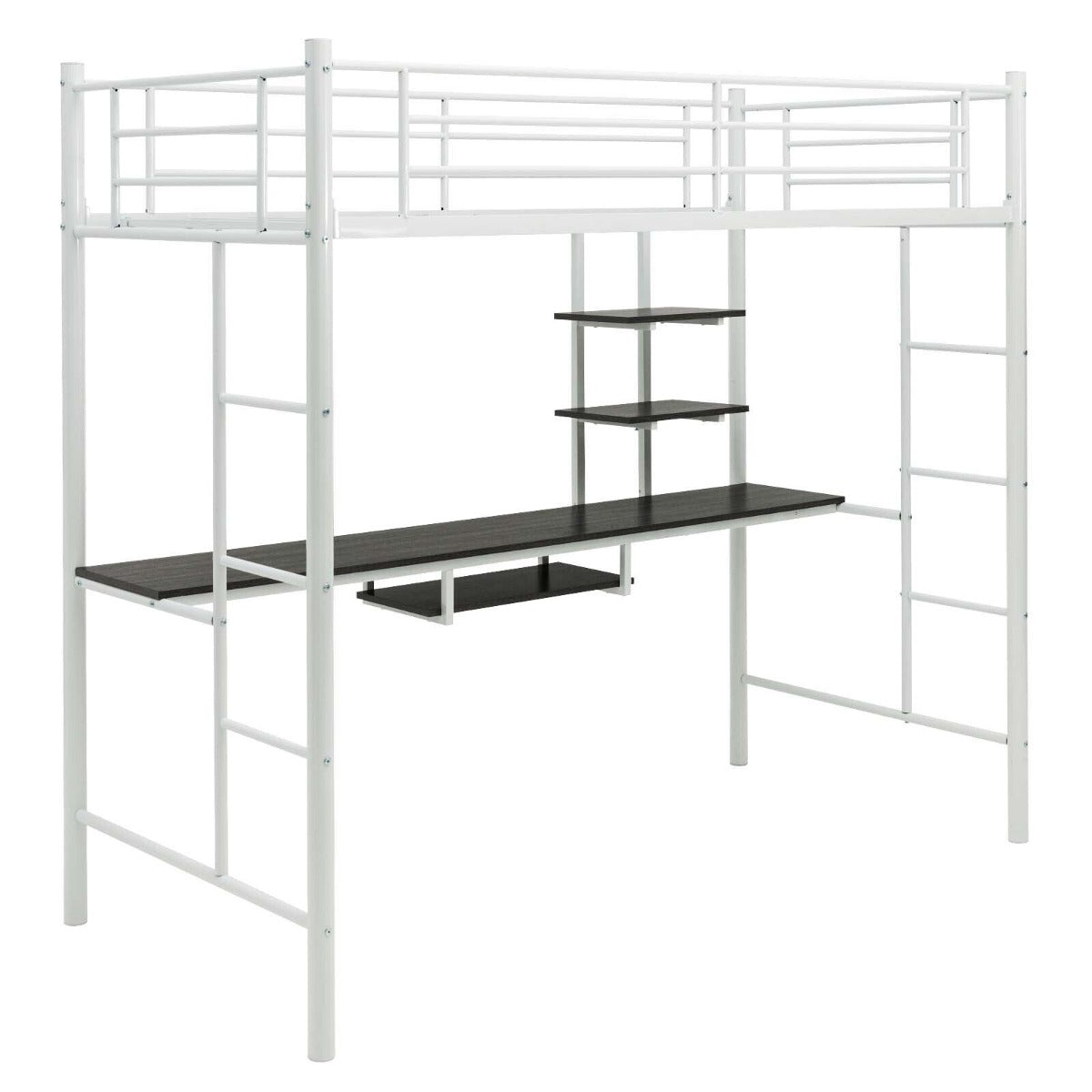 Metal Bunk Bed Frame High Sleeper with Desk and Storage Shelves-White