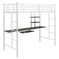 Metal Bunk Bed Frame High Sleeper with Desk and Storage Shelves-White
