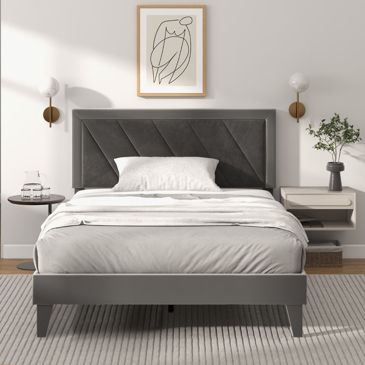 Single/Double Platform Bed with High Headboard &12 Wooden Slats-Double Size