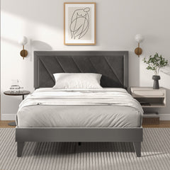 Single/Double Platform Bed with High Headboard &12 Wooden Slats-Double Size