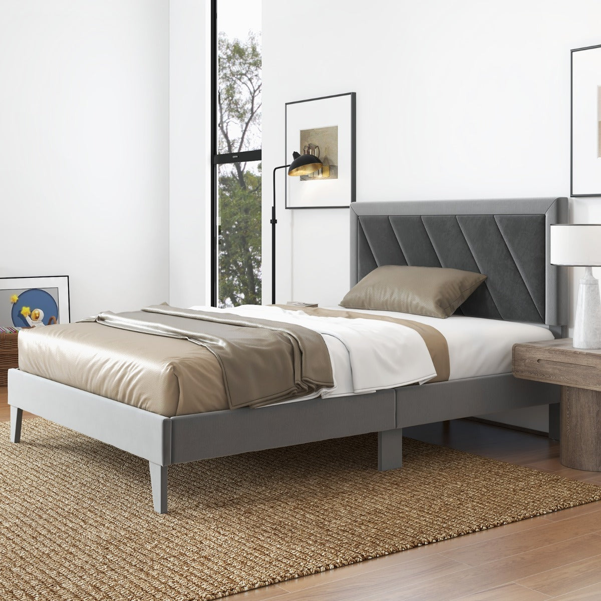 Single/Double Platform Bed with High Headboard &12 Wooden Slats-Double Size