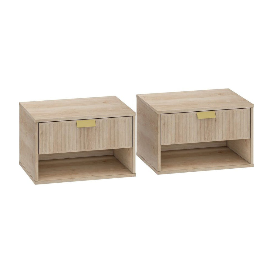 HOMCOM Set of 2 Wall Mounted Nightstands, Floating Bedside Tables with Fluted Drawer and Open Shelf for Small Bedroom, Oak
