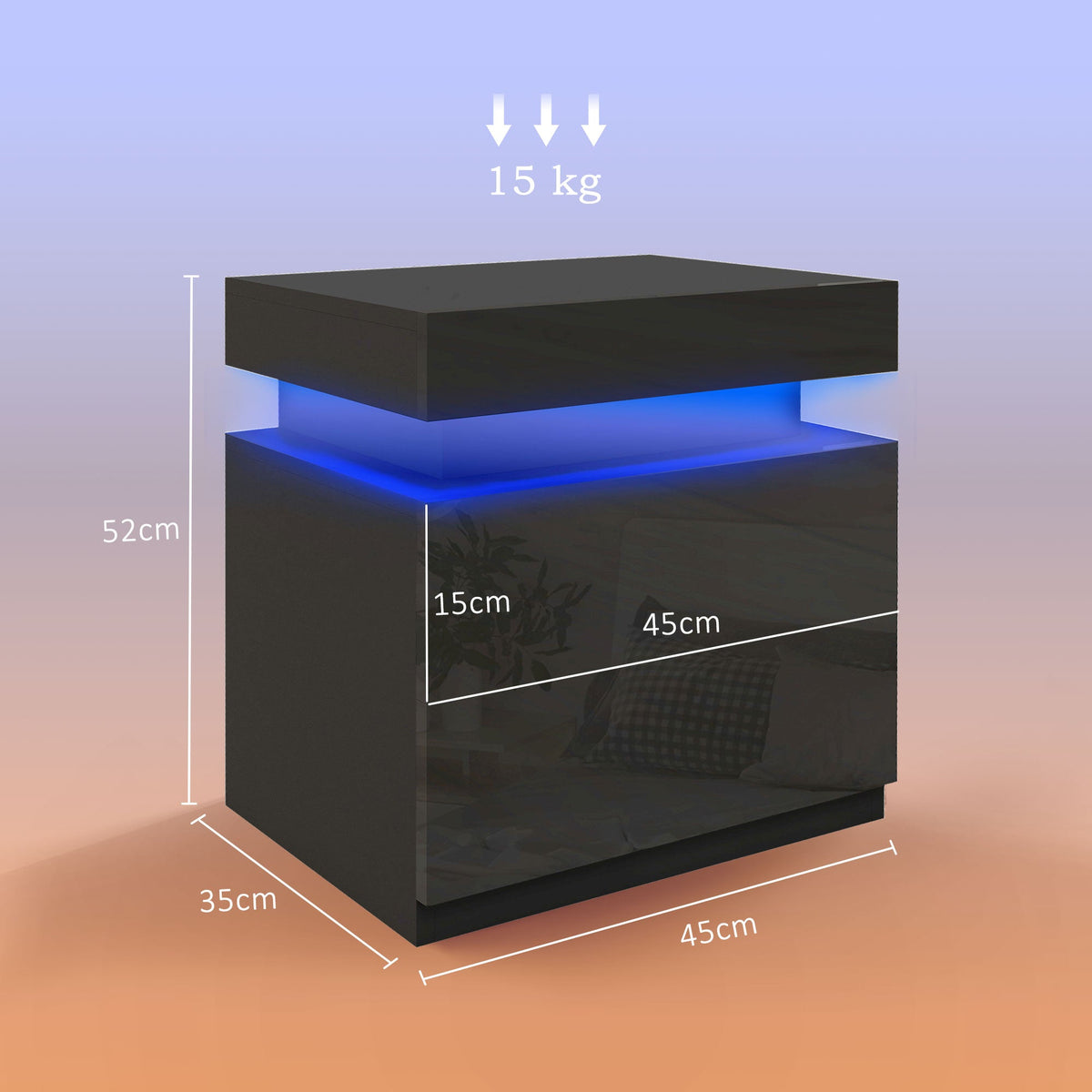 HOMCOM High Gloss Front Bedside Tables Set of 2, Nightstands with RGB LED Light and 2 Drawers, Chest of Drawers for Bedroom, Living Room, Black