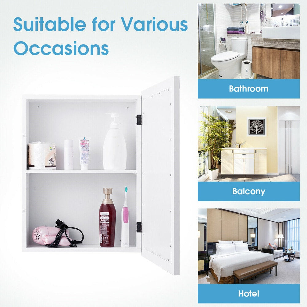 The storage cupboard with the door open showing shelves filled with various toiletries