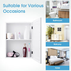 The storage cupboard with the door open showing shelves filled with various toiletries