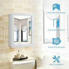 The wall cabinet mounted above a toilet with icons highlighting its key features