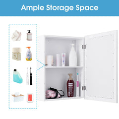 The wall cabinet with the door open displaying various bathroom items on the shelves