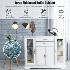 Wooden Buffet Sideboard with Adjustable Shelves and 2 Glass Doors-White