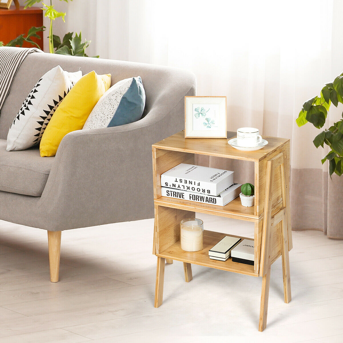 Set of 2 Stackable Bedside Table with Open Storage Compartment