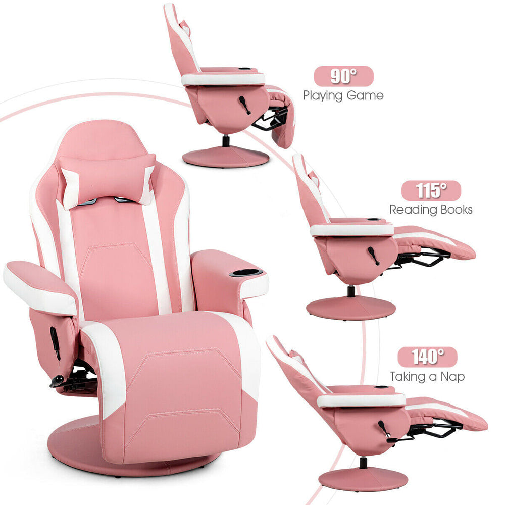 Pink and white gaming chair shown in three positions: upright, reclined for reading, and fully reclined for napping
