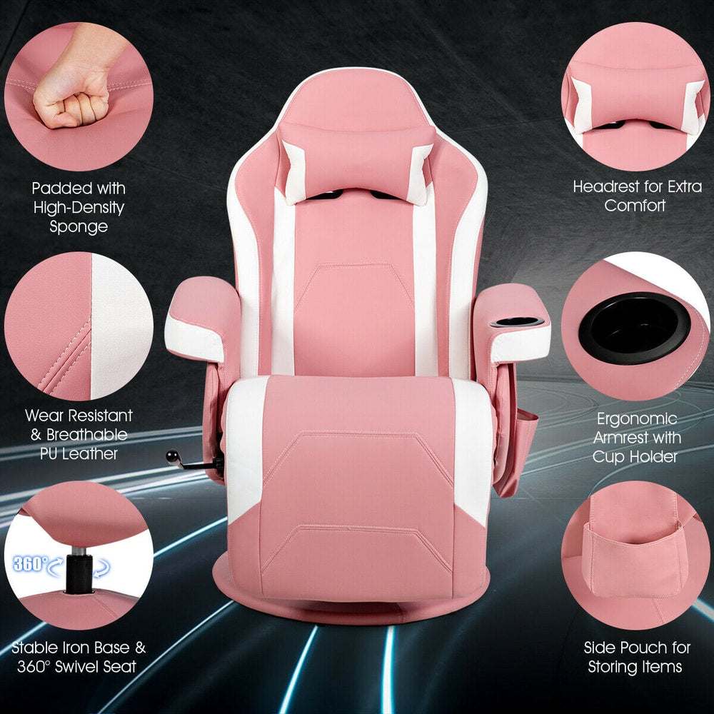 Pink electric massage gaming chair with labelled features including a cup holder and side pouch