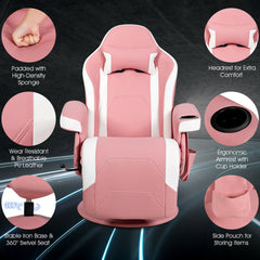 Pink electric massage gaming chair with labelled features including a cup holder and side pouch