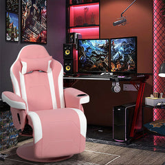 Pink and white gaming chair set up in a gaming room with dual monitors and computer equipment