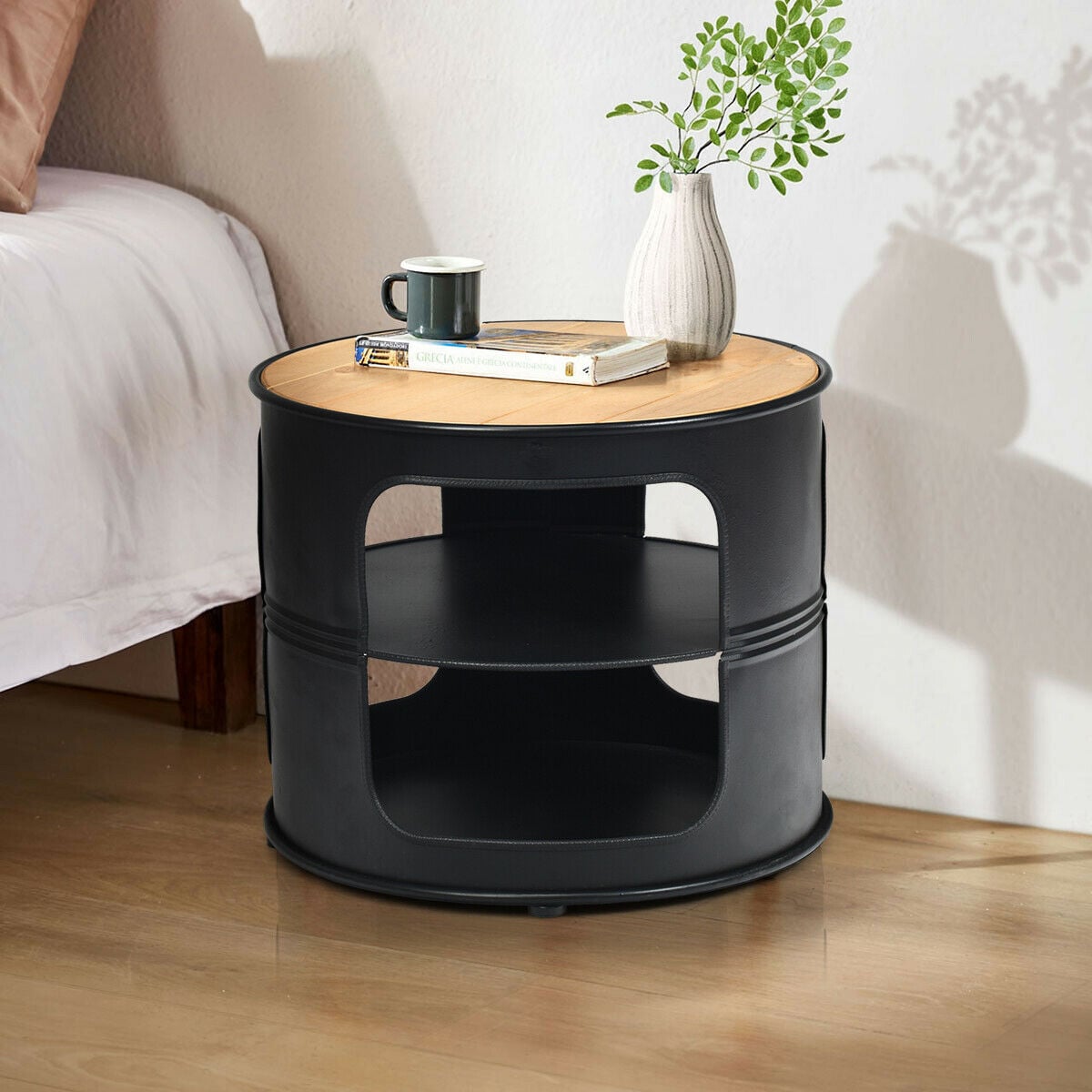 3-Tier Round End Table with Storage Shelves for Living Room