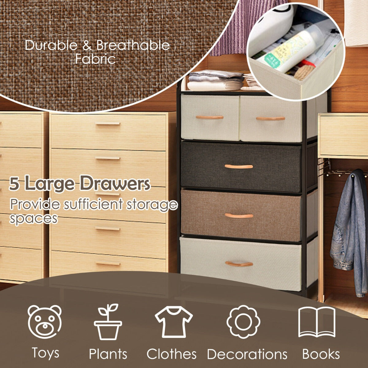 Vertical Dresser Storage Tower with Wooden Top and 5 Drawers-Muticolour