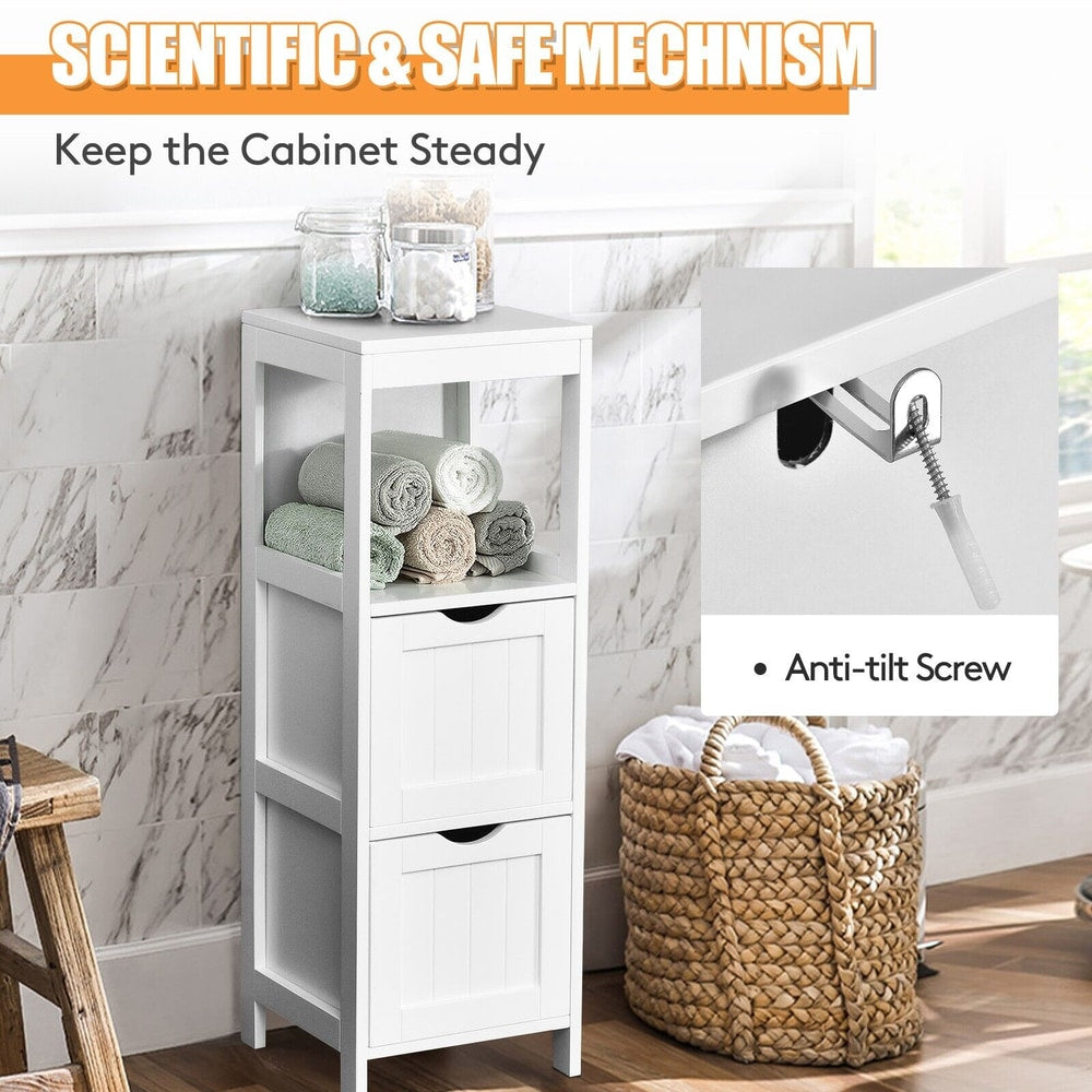 White floor cabinet with anti-tilt screw detail shown