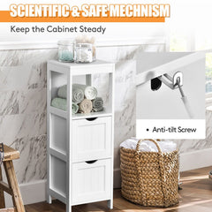 White floor cabinet with anti-tilt screw detail shown