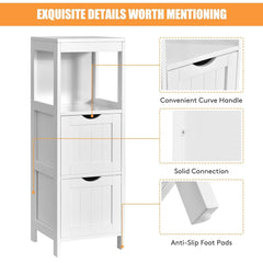 Close up of the white floor cabinet showing drawer handle and feet