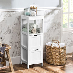 White floor cabinet with two drawers and open shelf in a bathroom setting