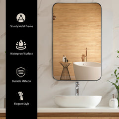 This bathroom mirror features a sturdy metal frame, waterproof surface, durable material and elegant style
