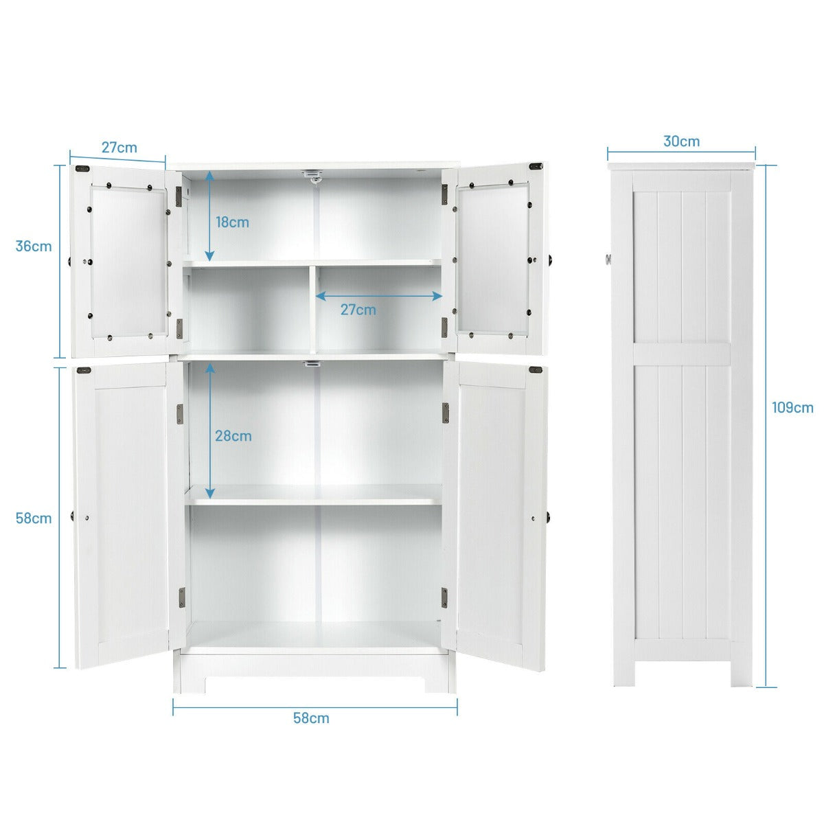 4-Door Bathroom Floor Cabinet with Tempered Glass Doors