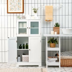 4-Door Bathroom Floor Cabinet with Tempered Glass Doors