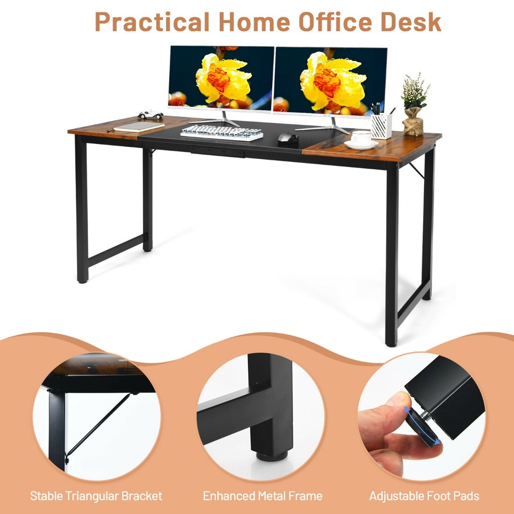 The modern computer desk showing its stable triangular bracket, metal frame and adjustable foot pads
