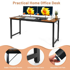 The modern computer desk showing its stable triangular bracket, metal frame and adjustable foot pads