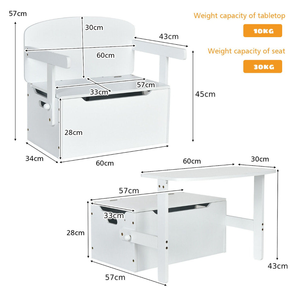 Dimensions diagram for the white kids table and chair set with toy storage