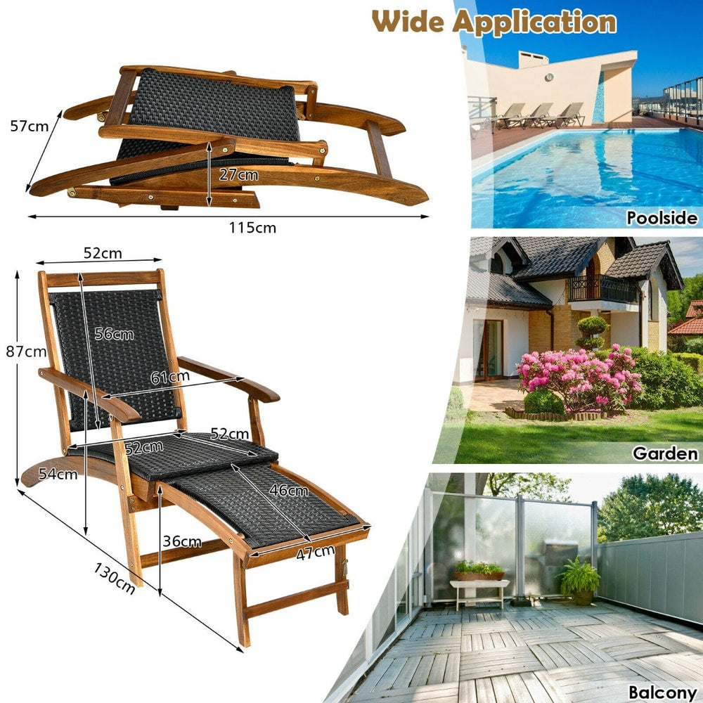 Folding Deck Reclining Chair with Retractable Footrest, dimensions diagram for the outdoor chaise lounge showing height