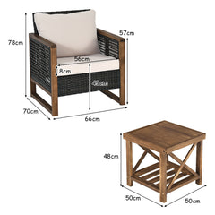 3 Pieces Outdoor Rattan Furniture Bistro Set with Cushioned Sofas-Beige