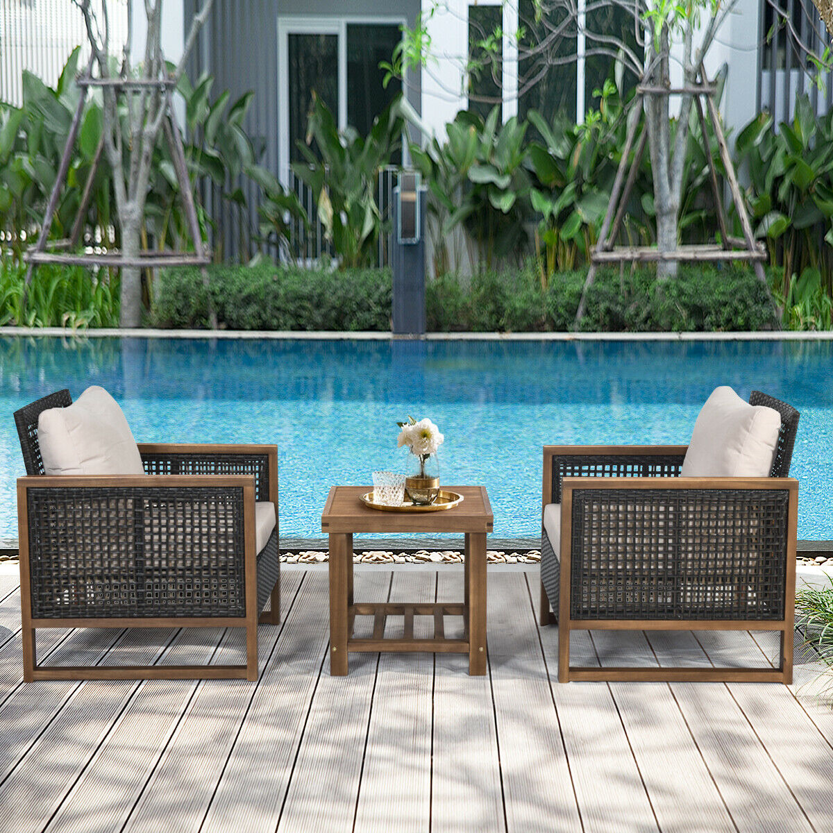 3 Pieces Outdoor Rattan Furniture Bistro Set with Cushioned Sofas-Beige