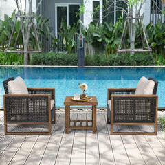 3 Pieces Outdoor Rattan Furniture Bistro Set with Cushioned Sofas-Beige