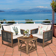 3 Pieces Outdoor Rattan Furniture Bistro Set with Cushioned Sofas-Beige