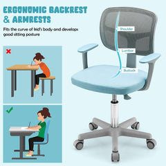 Kids Height-Adjustable Swivel Computer Desk Chair with Lumbar Support-Blue