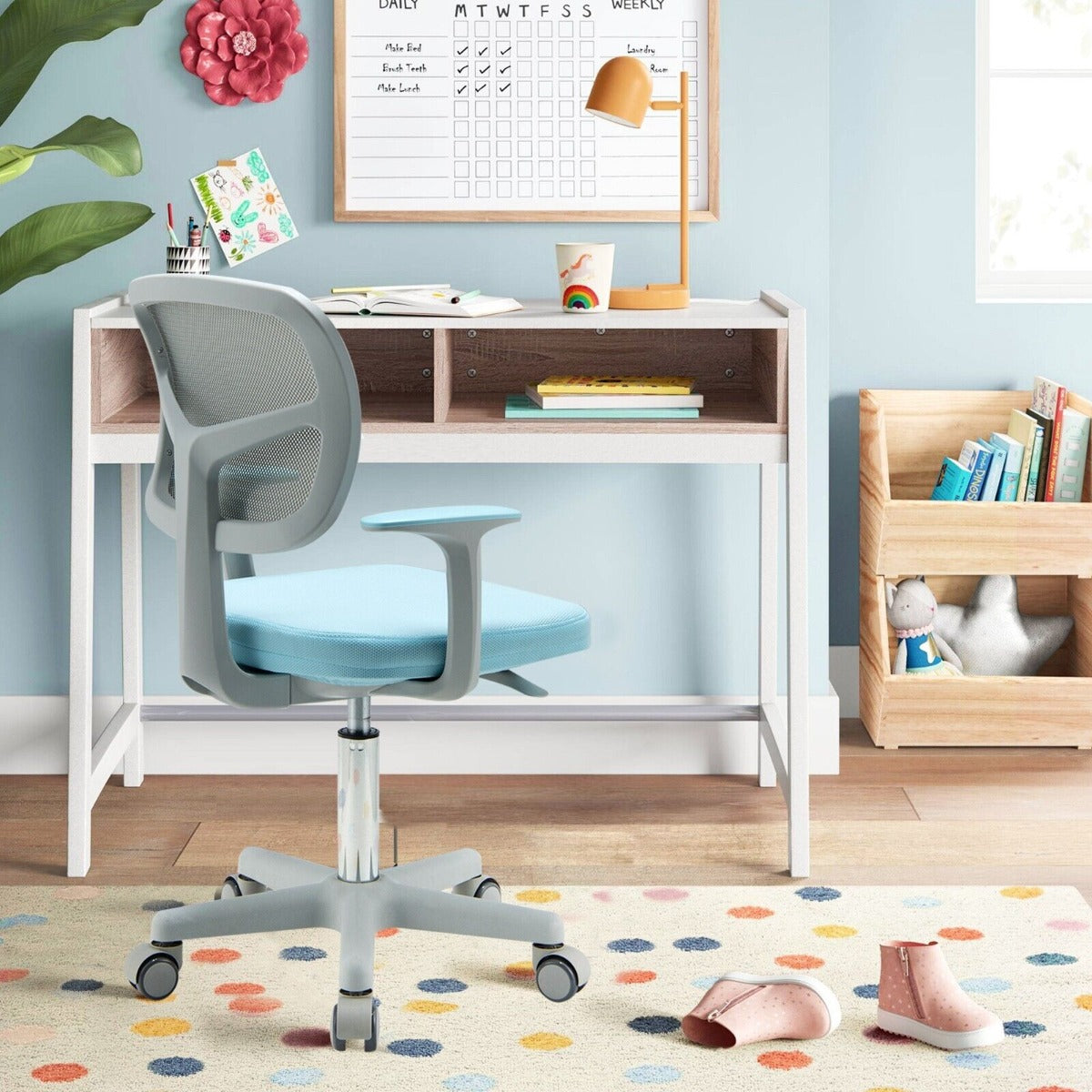 Kids Height-Adjustable Swivel Computer Desk Chair with Lumbar Support-Blue
