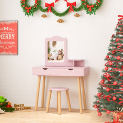 Kids Vanity Table and Stool Set with Square Mirror and Storage Shelf-Pink