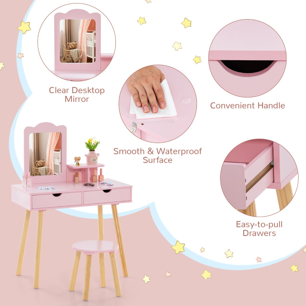 Kids Vanity Table and Stool Set with Square Mirror and Storage Shelf-Pink
