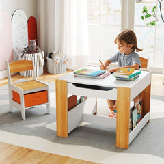 The kids table and chair set in a bright room with a child drawing at the table