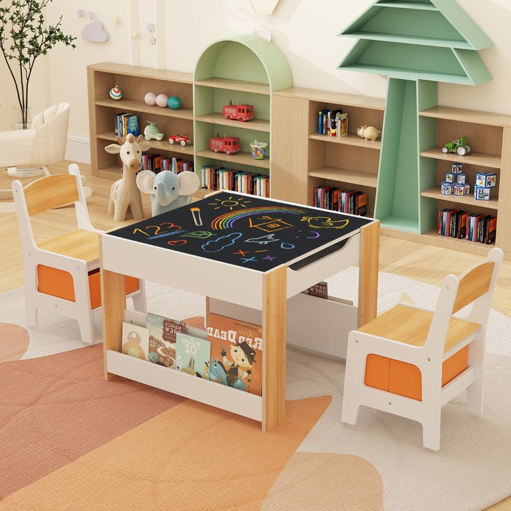 The kids table and chair set featuring a blackboard surface for drawing