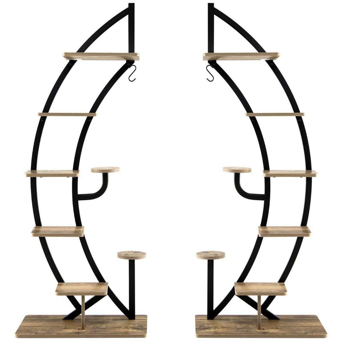 8-Tier Tall Wooden Curved Half-Moo Shape Plant Stand with Top Hook-Natural