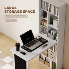 HOMCOM Wall Mounted Computer Desk, Folding Study Table with Black Board and Bookshelf, Multifunctional Floating Writing Desk for Home Office, White