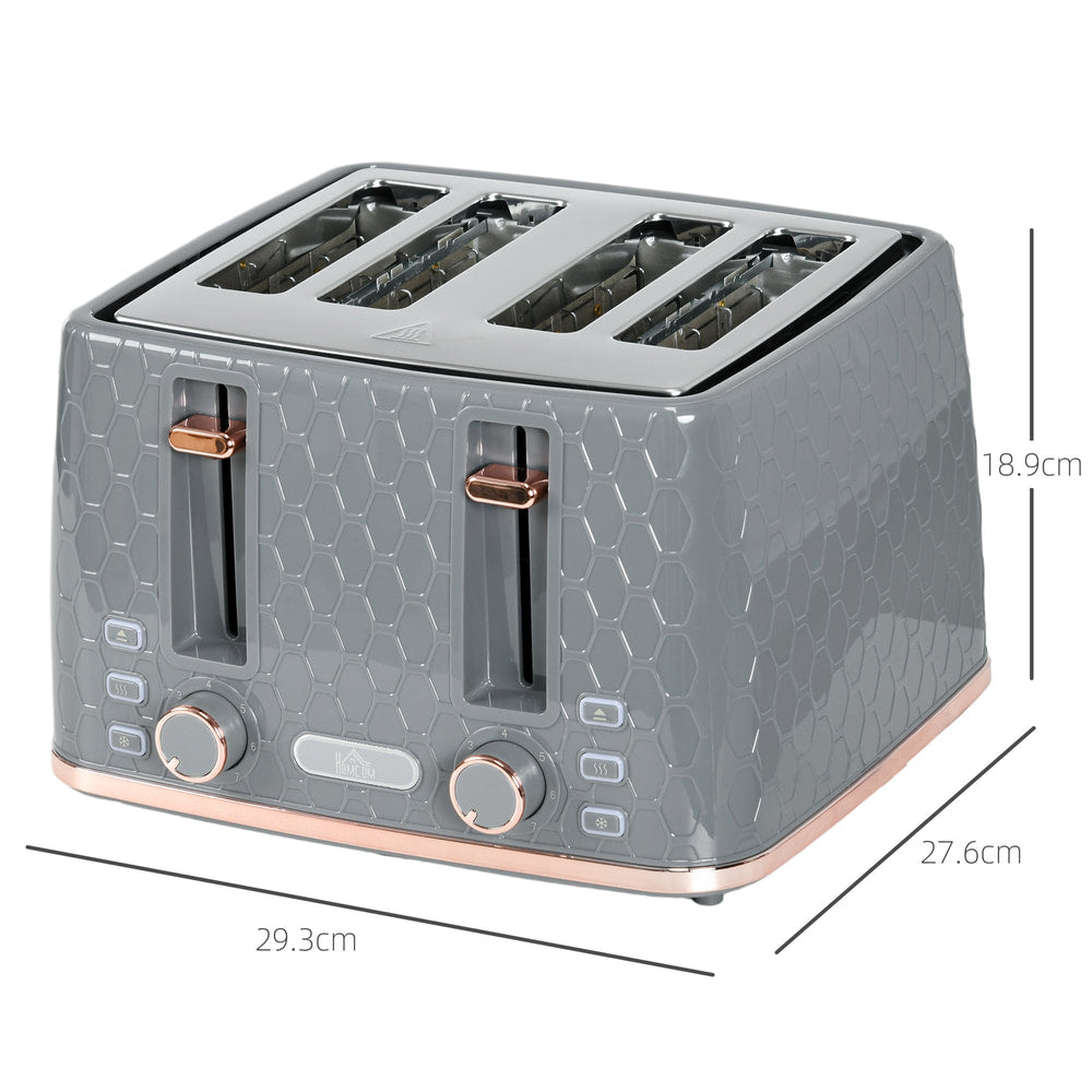 Grey four-slice toaster with dimensions shown, on a white background