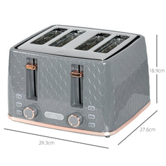 Grey four-slice toaster with dimensions shown, on a white background