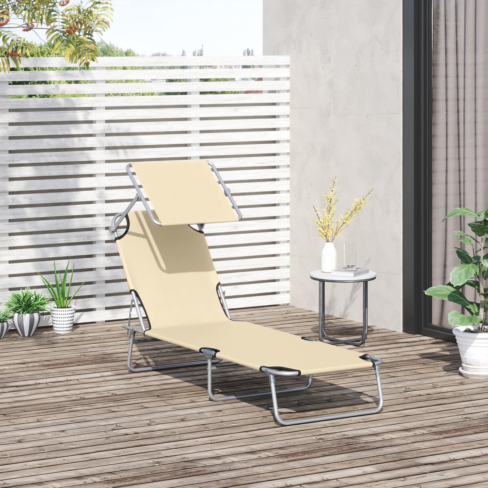 Outsunny Folding Sun Lounger with Canopy, Reclining Sunbed with 4-Position Adjustable Backrest, 600D Oxford Cloth, Portable Garden Lounger Recliner Chair for Beach, Camping, Patio, Beige