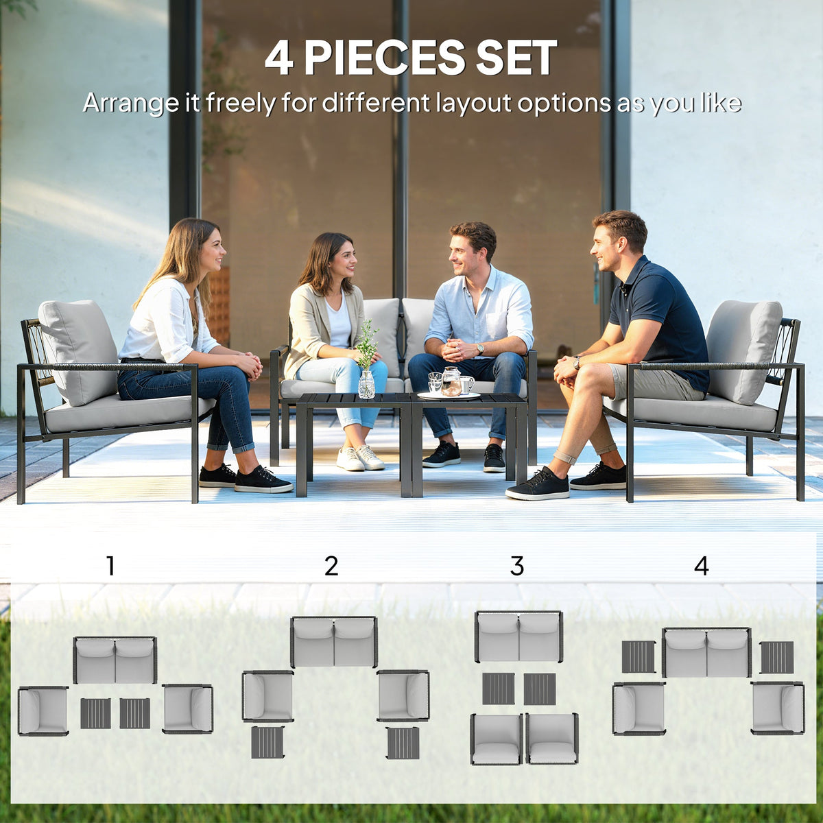 Outsunny 5 Piece Metal Garden Furniture Sofa Set with Thickened Cushions, Loveseat, 2 Armchairs, 2 Coffee Tables, Light Grey