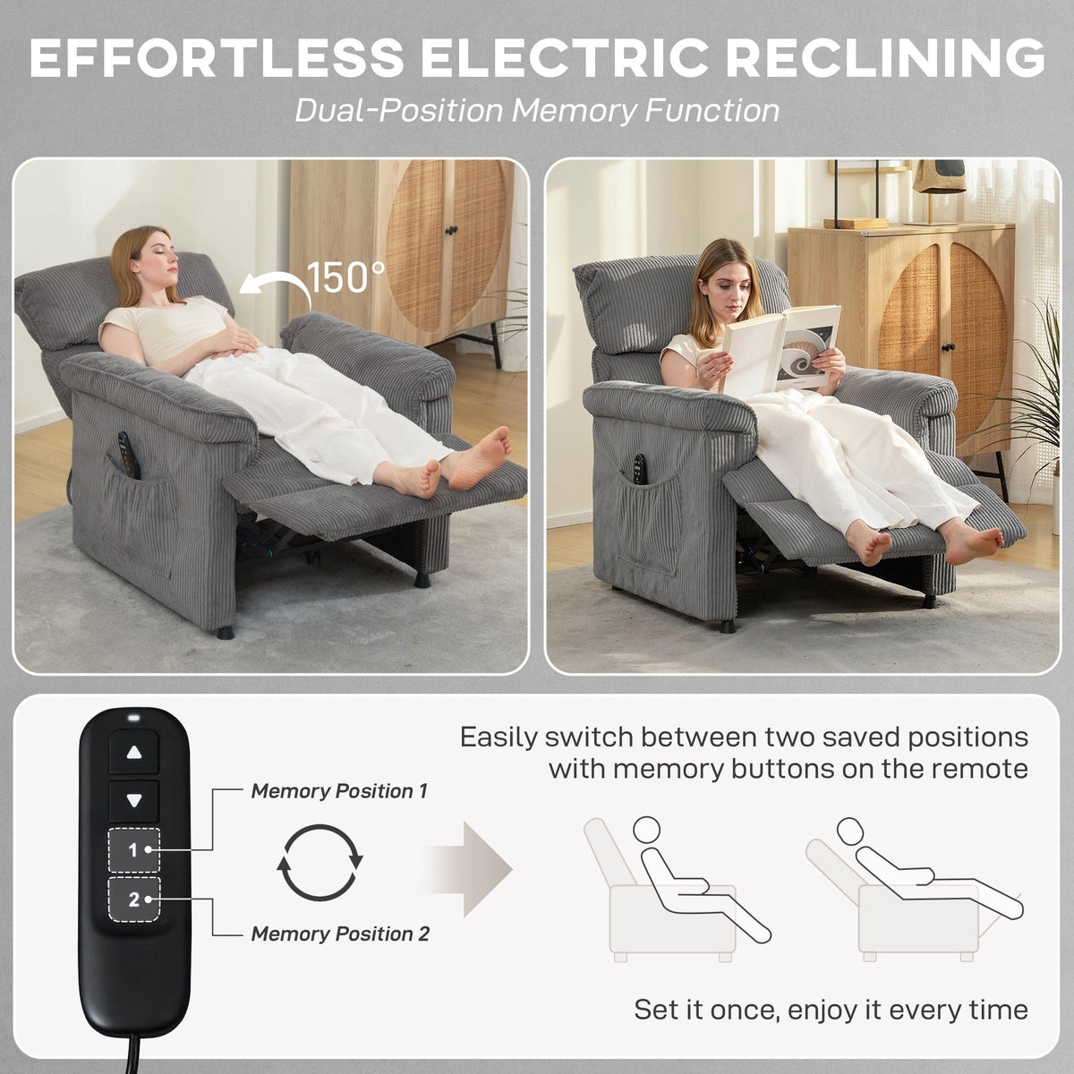 HOMCOM Corduroy Electric Massage Recliner - Grey