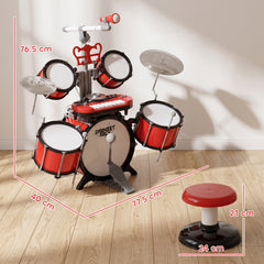 HOMCOM Kids Drum Set for Beginners, Drum Kit with Toy Microphone, Cymbal, Pedal & Drumsticks, Educational Musical Toy, Red
