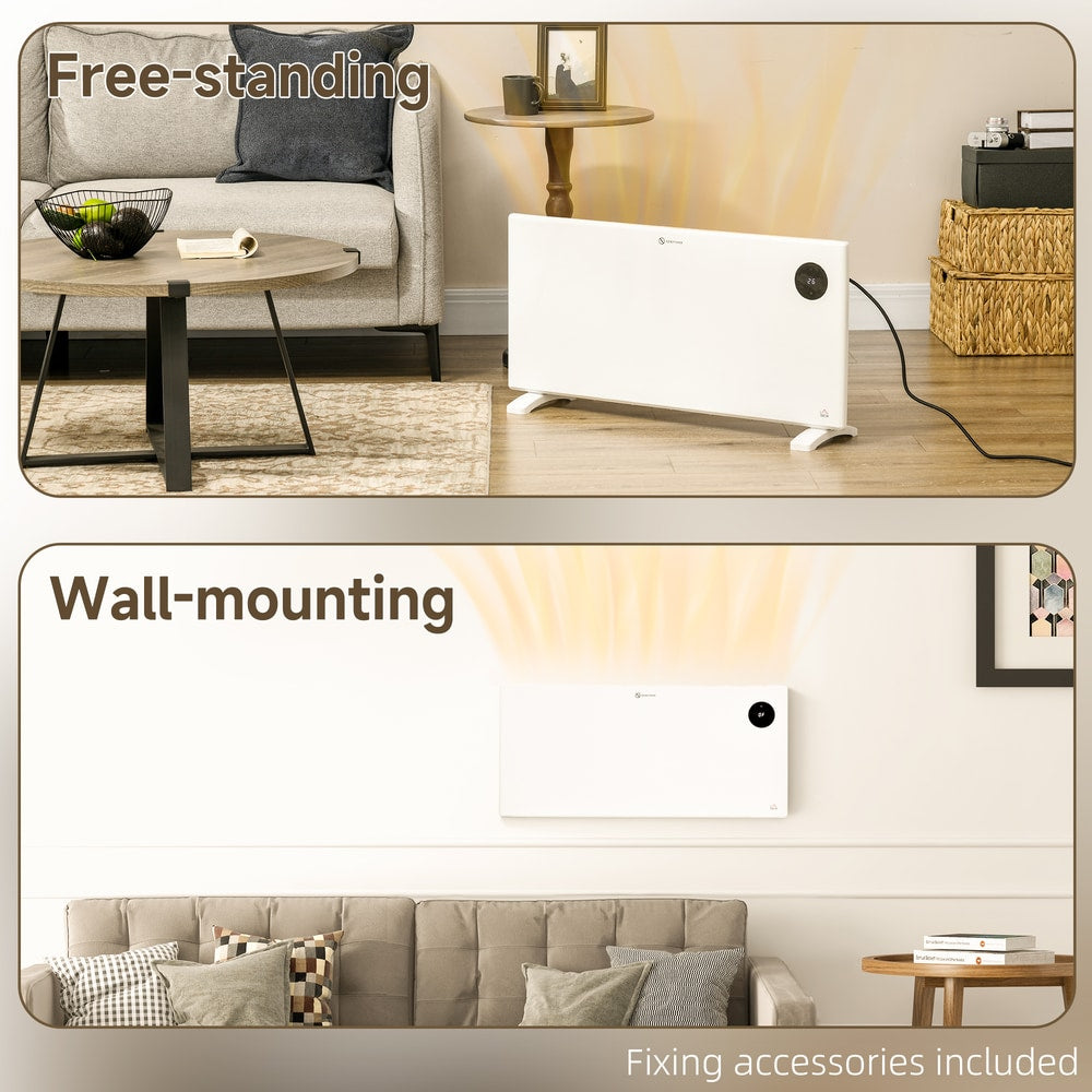 The electric convector heater shown freestanding and wall-mounted
